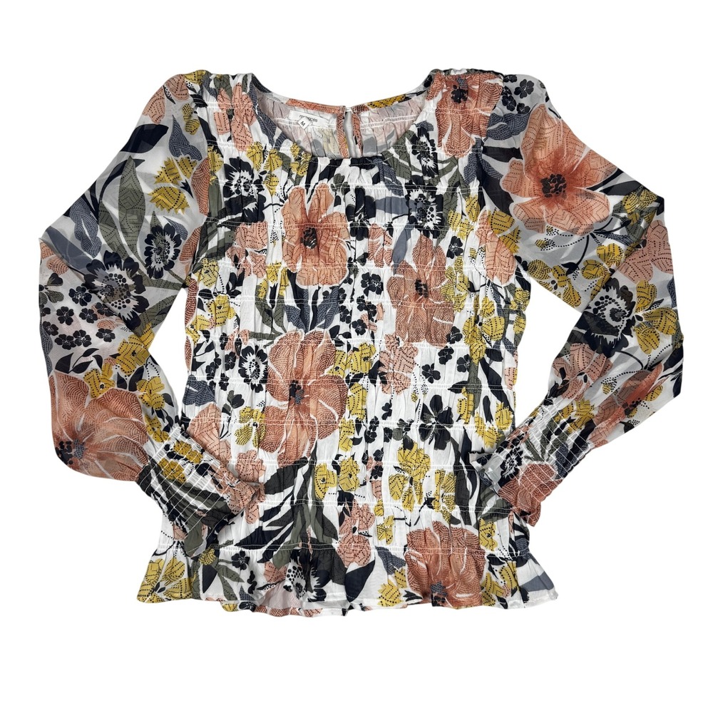 Maurices Floral Smocked Bodice Long Sleeve Blouse Peach Yellow Navy Medium